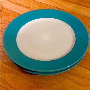 Three blue and white dinner plates